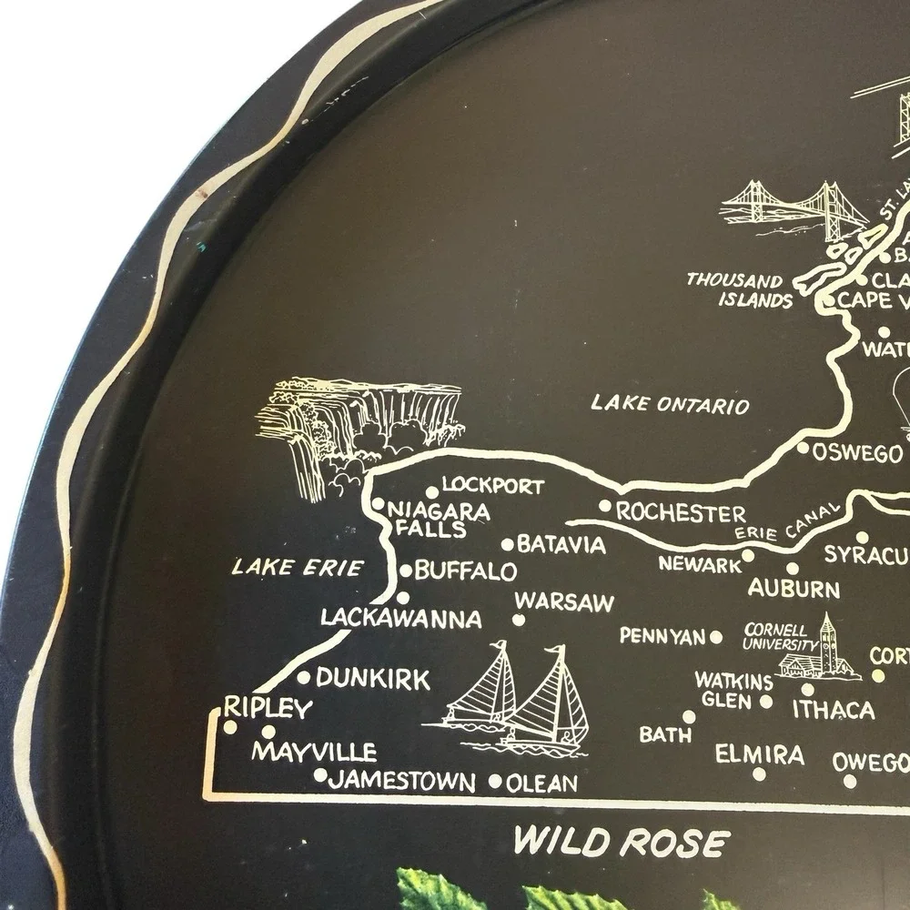 Vintage Mid Century New York Map Metal Souvenir  Cocktail Tray Wild Rose 11